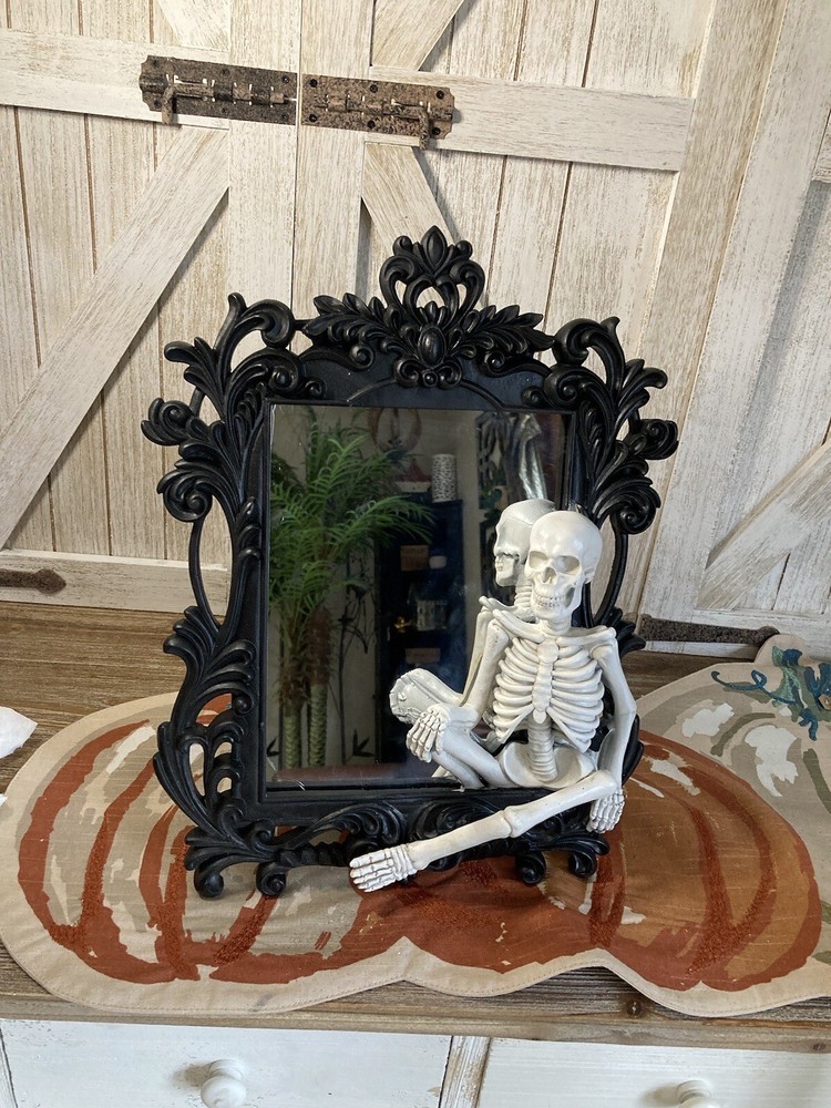 Skeleton Mirror | Halloween Gothic Decor | Ornate Black Framed Mirror