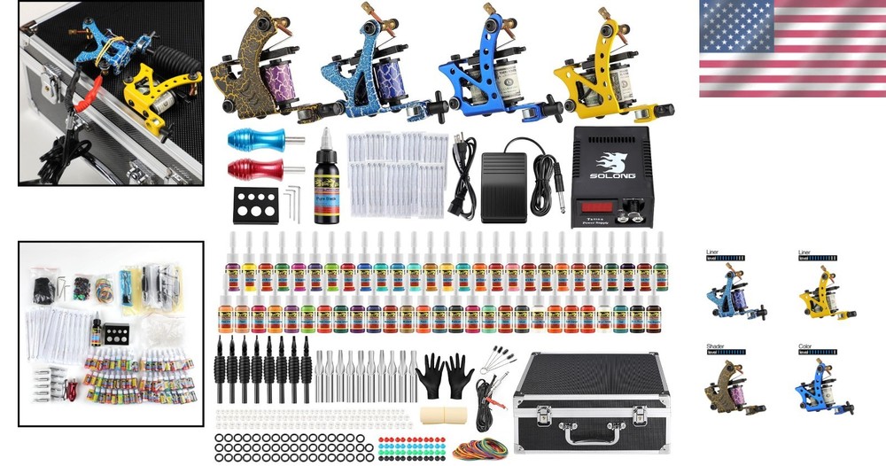 Complete Tattoo Kit 4 Guns 54 Vibrant Inks Professional Set