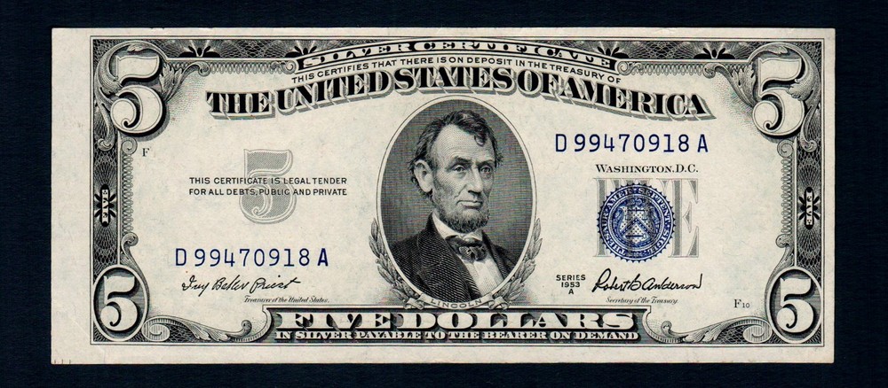 Error Misaligned $5 1953-A Silver Certificate Blue Seal Uncirculated (#199)