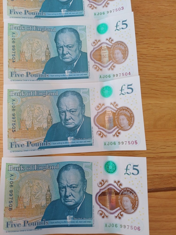 6 x £5 Consecutive Numbered AJ 1-6 low no’s £5 Notes MINT condition