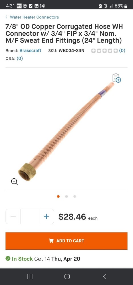 CASE OF 25 Brass Craft Water Heater Connector ⅞" OD tube x 24" x ¾"  WB034-24N