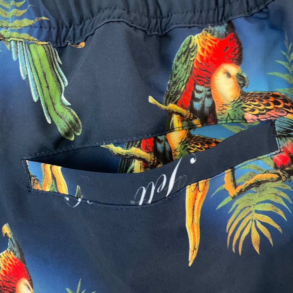 Felt Swim Shorts Mens Size 2XL Multicolor Bird Pattern Pockets Drawstring
