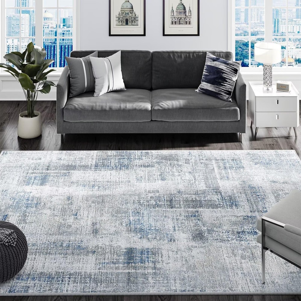 Eleisa Modern Abstract 6x9 Area Rug for 6' x 9' (Rectangular), Blue/Grey