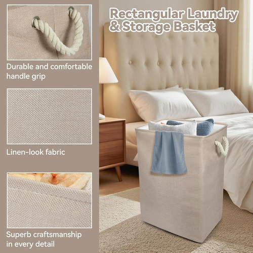 Collapsible & Stackable large Laundry Hamper with Drawstring - Large, Beige