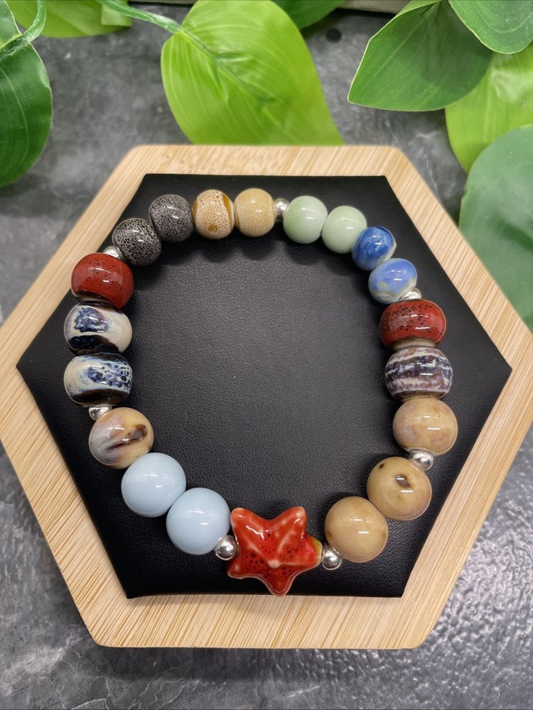 Handmade Ceramic Bead Beaded Stackable 7” Plus Stretch Bracelet New B209