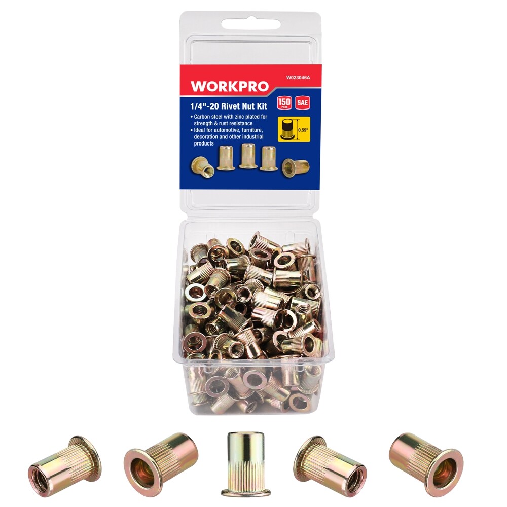 WORKPRO 150PC Rivet Nut 1/4"-20 Zinc Plated Rivnut Flat Head Threaded Insert Nut