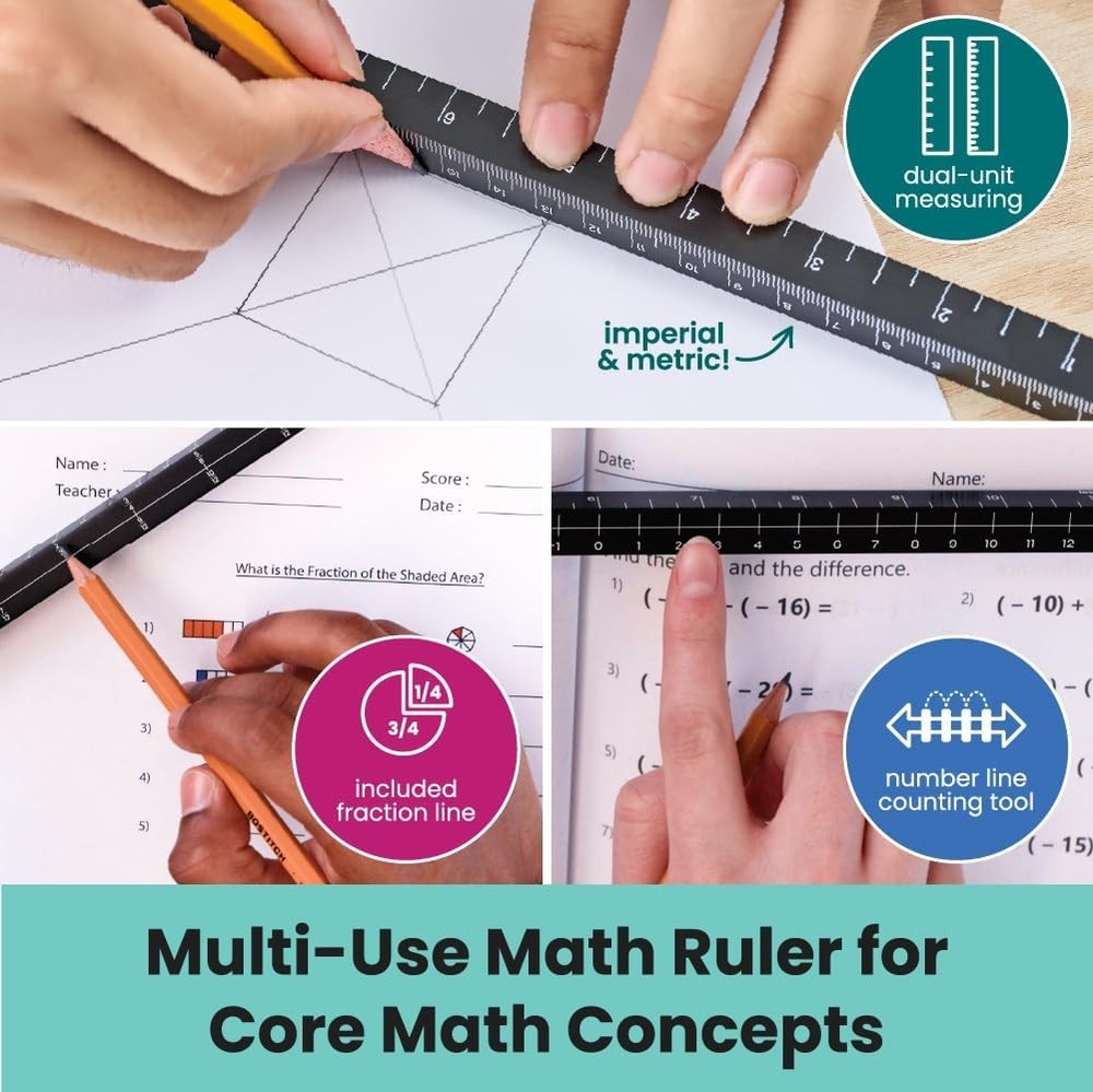 MeasureMate Learning Ruler, Four-Sided Math Tool for Students, Teaching Black