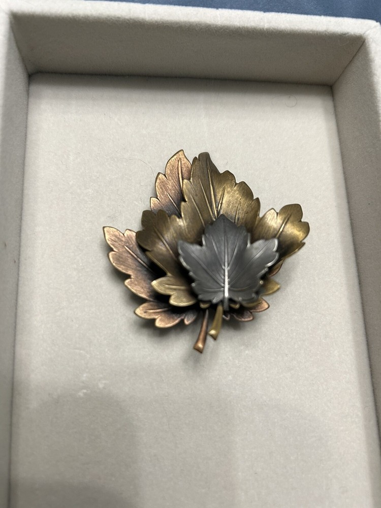 Triple Leaf Brooch Three Tone Metal  Leaf