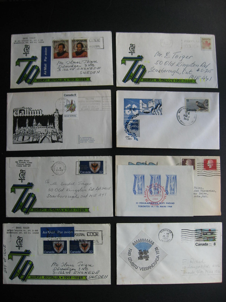 Canada Estonia cachets, labels etc on 8 covers, interesting group!