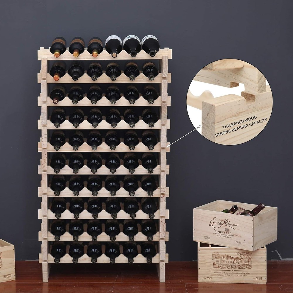 Solid Wood Stackable Wine Rack 60 Bottle Storage Cabinet Natural Finish