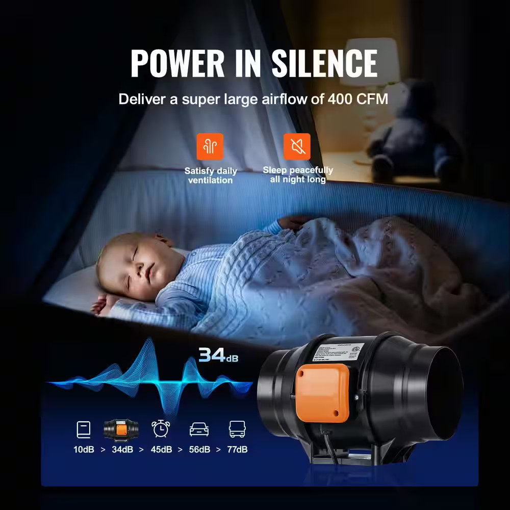 Inline Duct Fan 6-In. 400 CFM with Variable Speed Controller Quiet Ac-Motor Vent