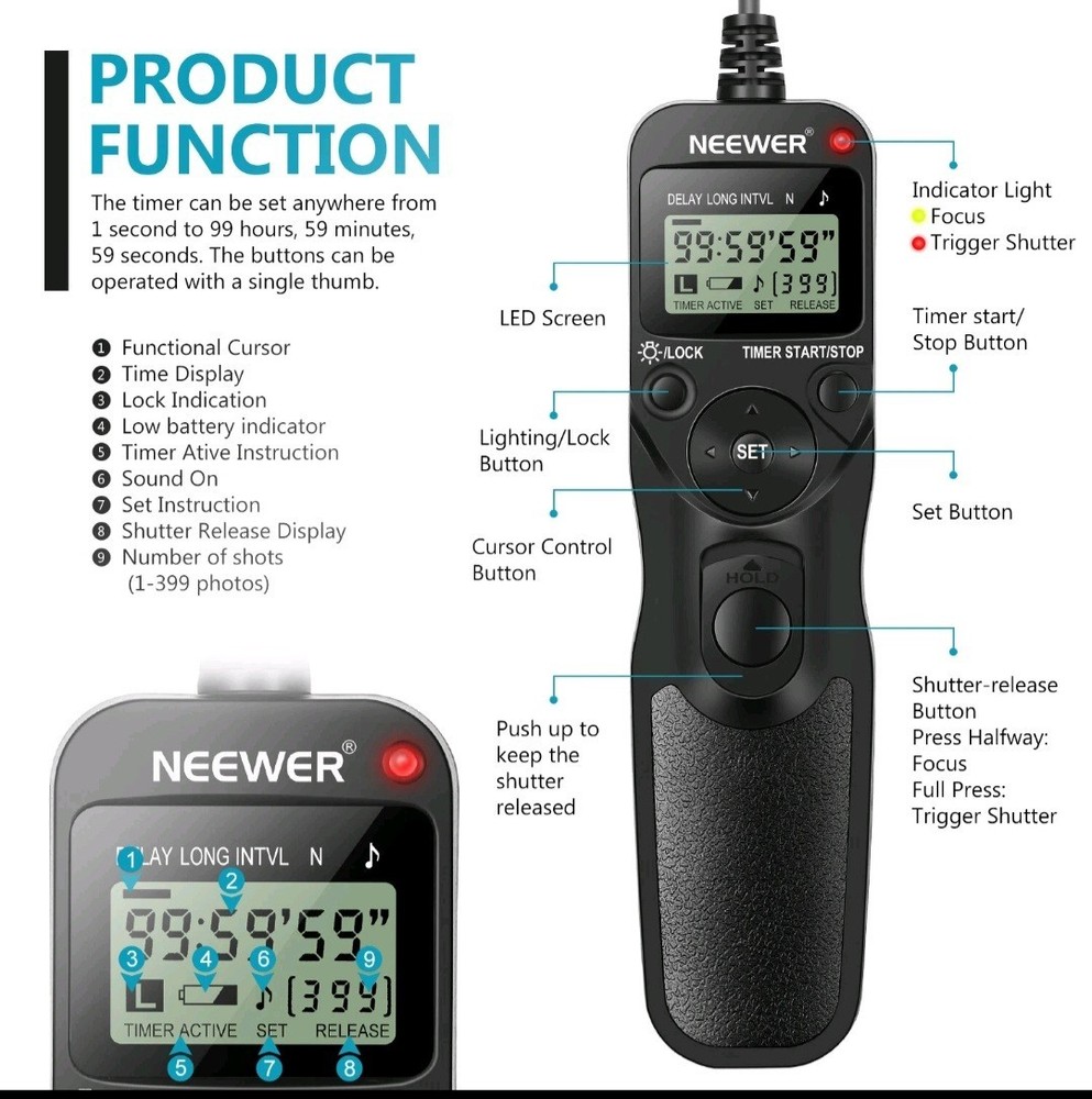 Neewer LCD Timer Shutter Release Remote Control for Canon EOS Digital Rebel