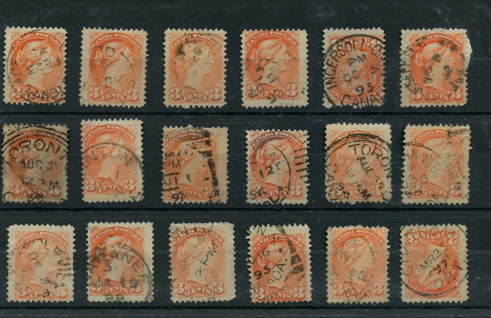 DATED COPIES 3 cent Small Queens 18x Canada used