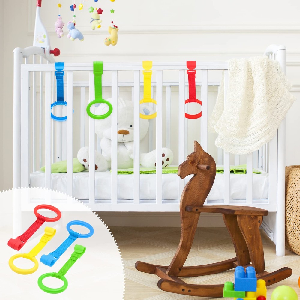 4 PCS Baby Playpen Pull Up Rings, Pull Up Handles Standing Walker Crib Pull R...
