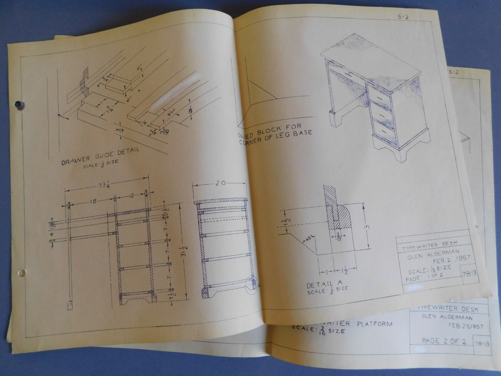 Plans for a Typewriter Desk - 1957 diagram dimensions - 2 pages