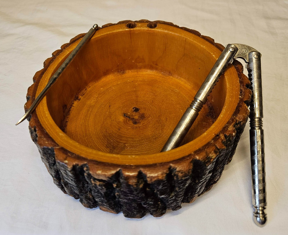 Vintage Rustic Log Bark Nut Bowl HMQ Nutcracker Pick Set 8"