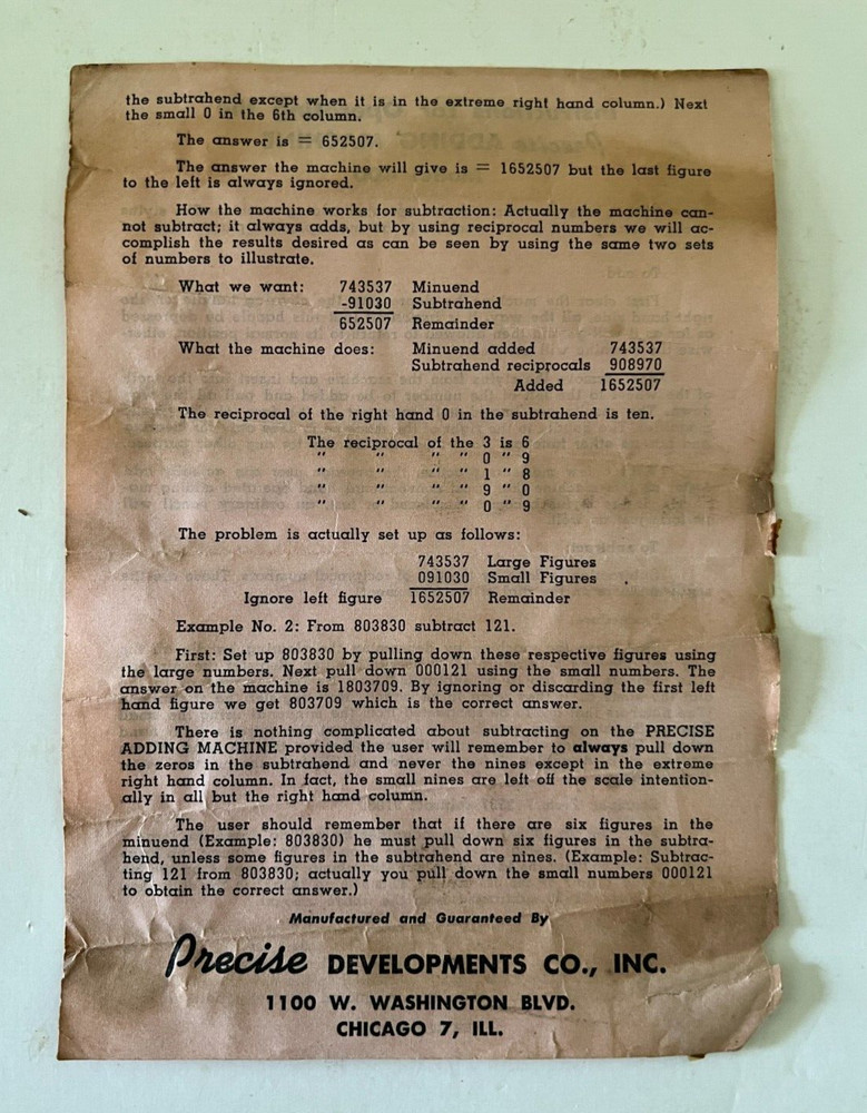 Precise Adding Machine Model 400 Operating Instruction Chicago Illinois