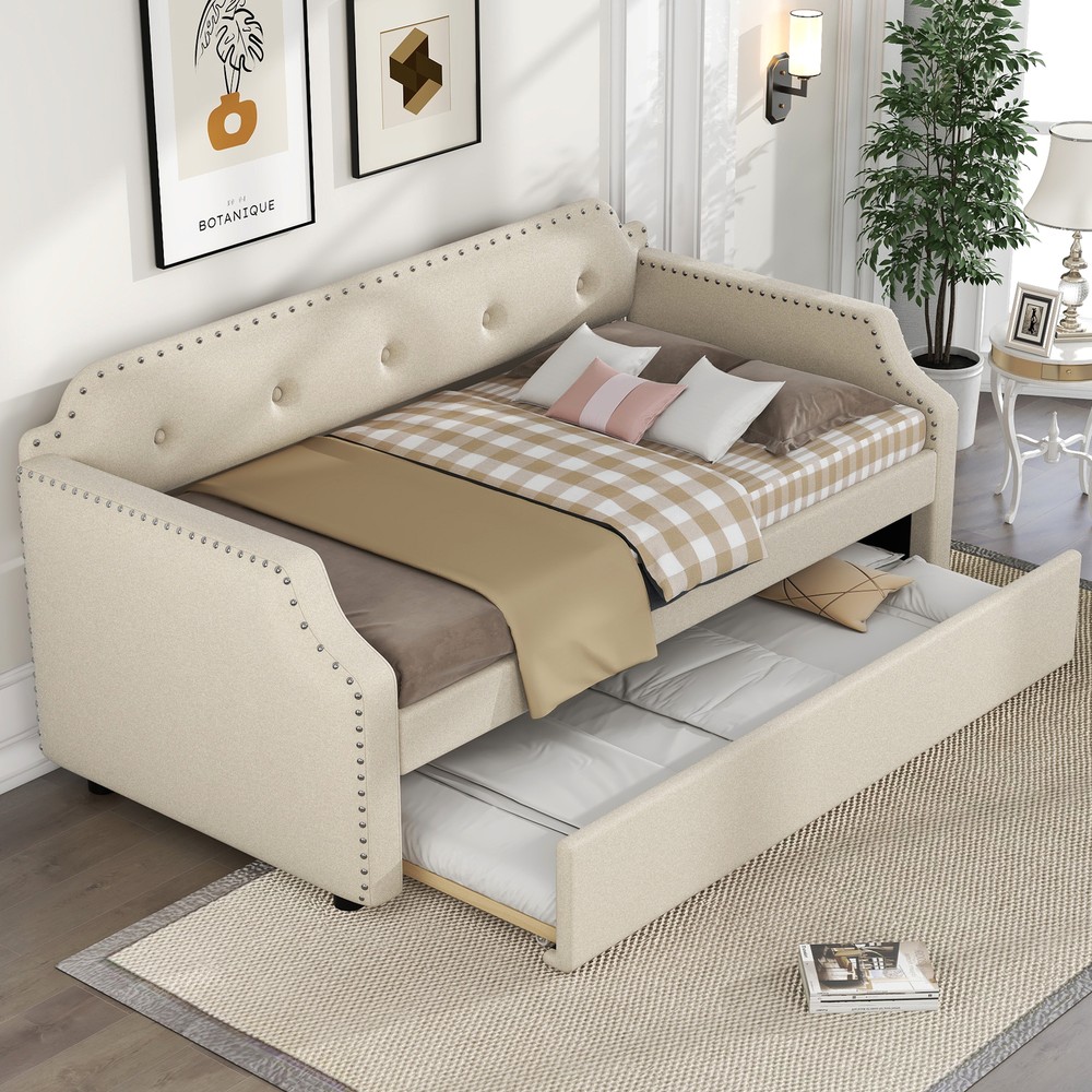 Reinforced Frame Twin Size Upholstered Daybed with Functional Trundle