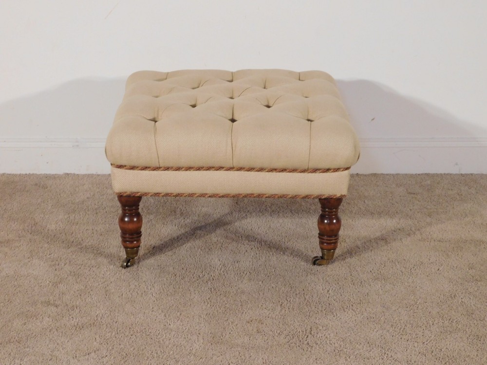 HENREDON Deep Tufted Ottoman Footstool on Heavy Brass Casters