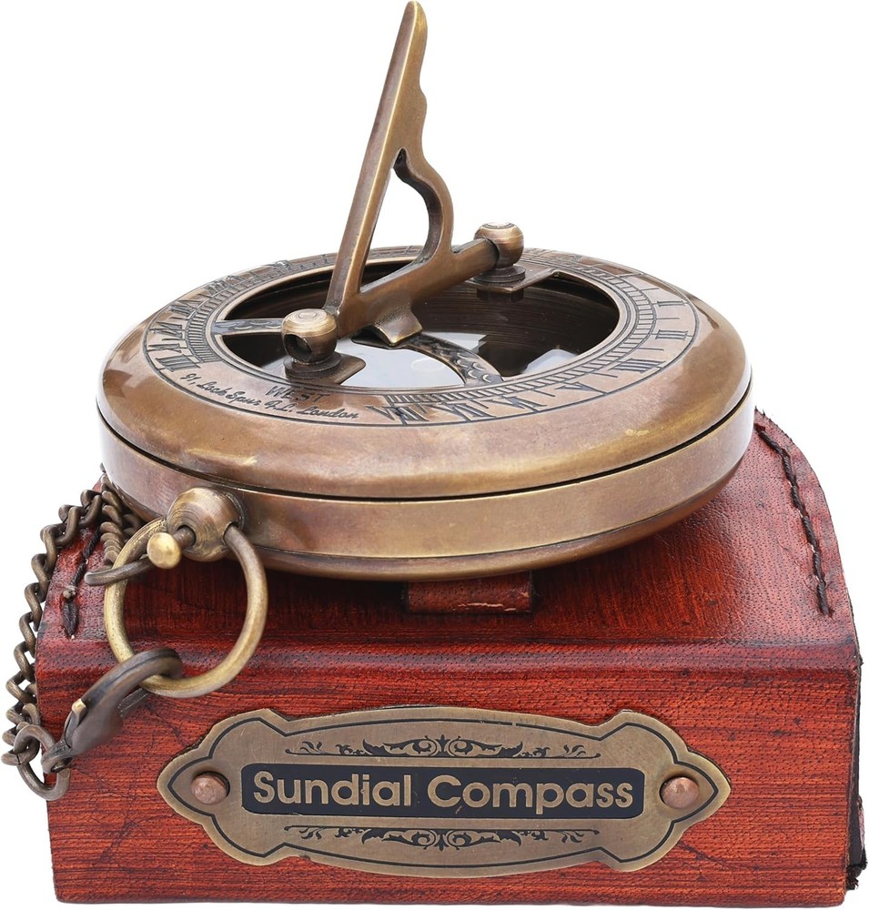 Brass Sundial Compass in Leather Case - Vintage Decor