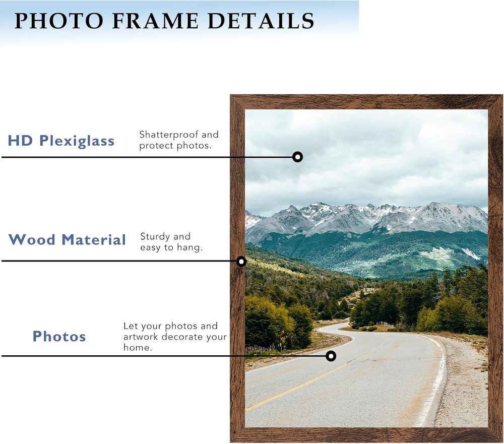 Deep Brown 9x12 Wood Picture Frame for Wall or Tabletop, Horizontal/Vertical