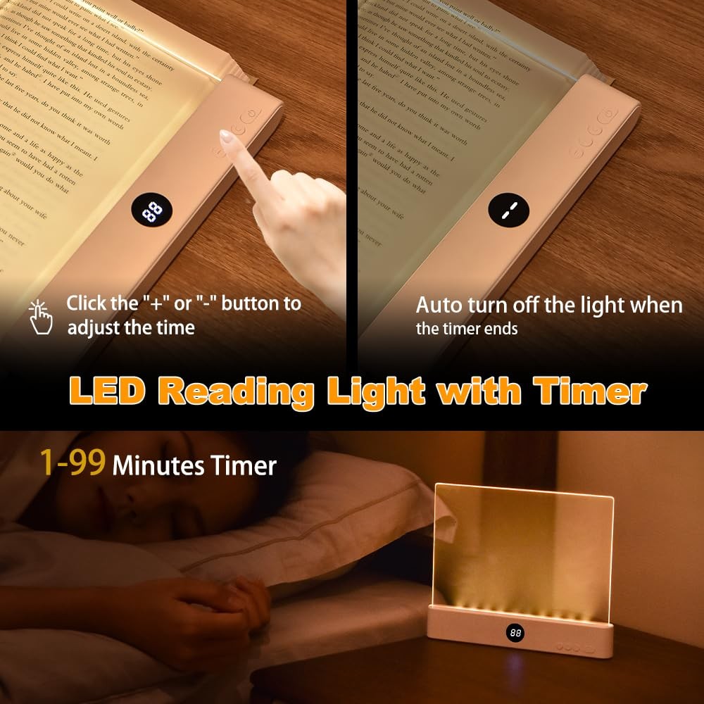 Book Light, Rechargeable Clear LED Flat Reading Light with 3 Colors & Timer, ...