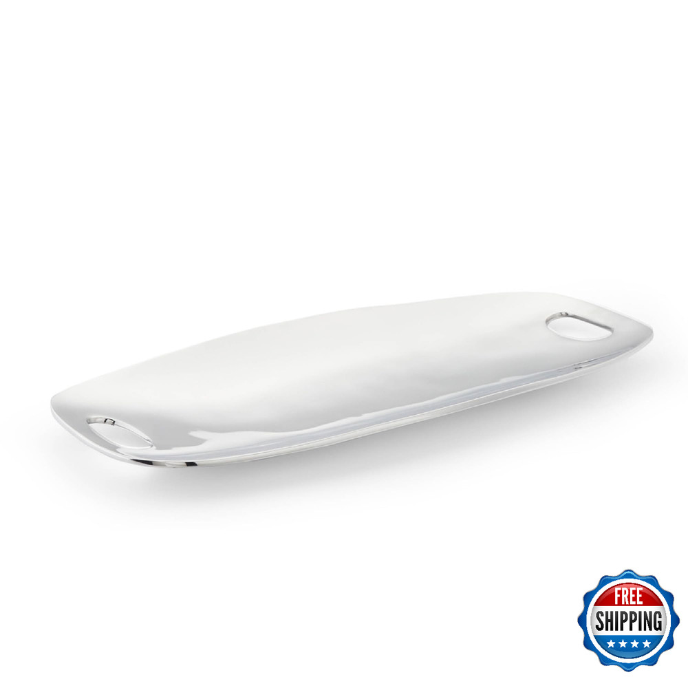 Nambé Handled Tray - Modern Rectangular Serving Platter with Curved Sides & Cut-