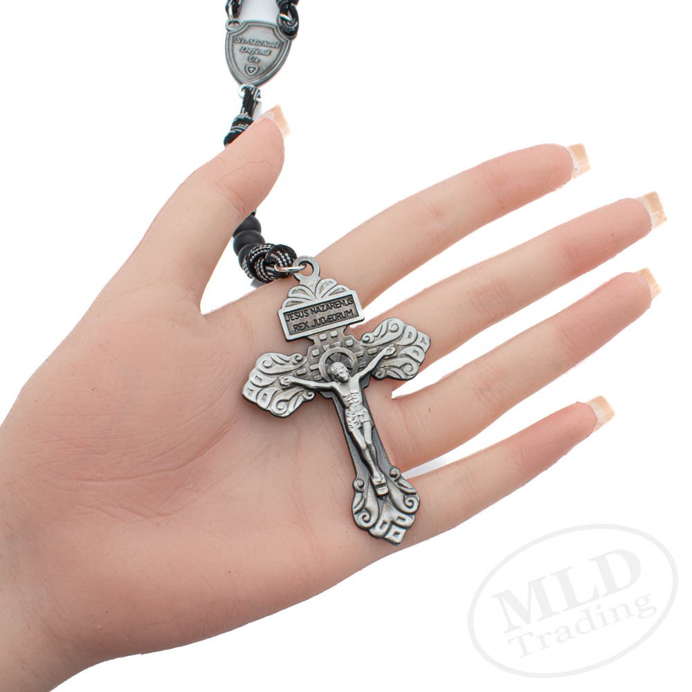 Saint St Michael Black Rosary Necklace – Large Paracord Wood Beads Design 26"