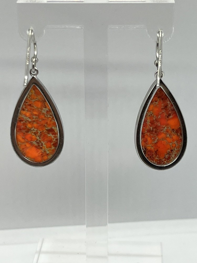 Sterling silver teardrop dangle speckled jasper stone earrings