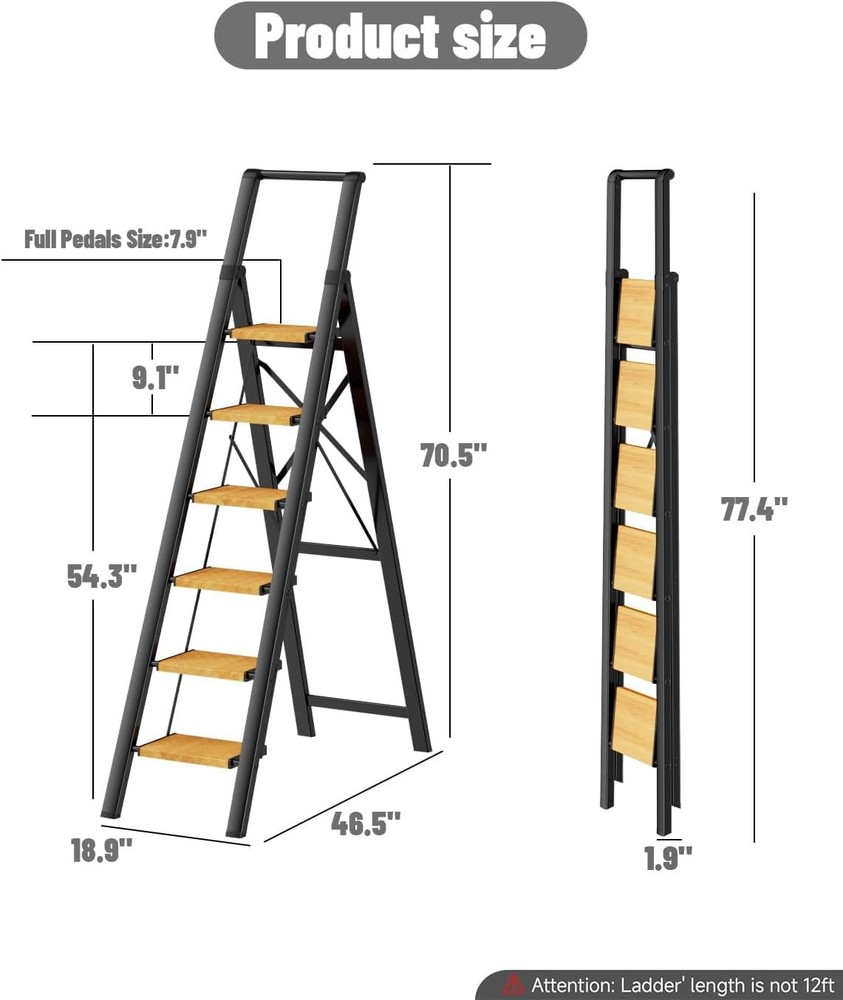 SOLADDER 6 Step Ladder for 12 Ft High Ceiling, 6 Step, Black+wood Grain