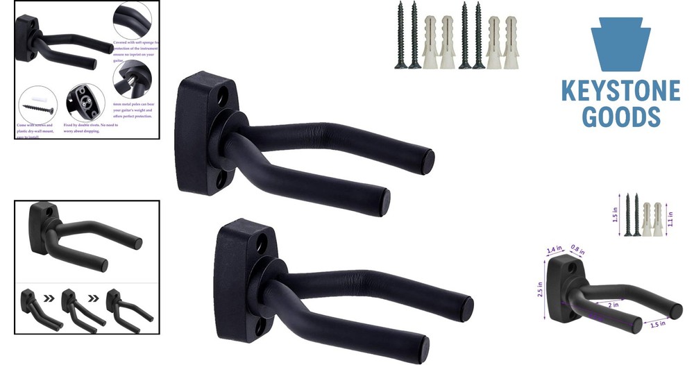 2-Pack Guitar Wall Mount Hangers - Adjustable, Non-Marring Wall Hooks for Gui...