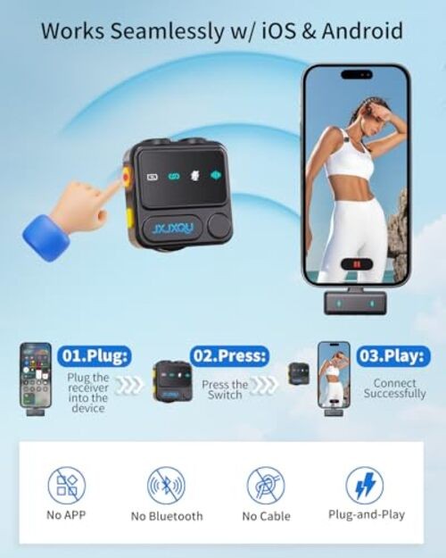 Wireless Lavalier Microphone for iPhone: Mic with Black Mic for iOS/Android