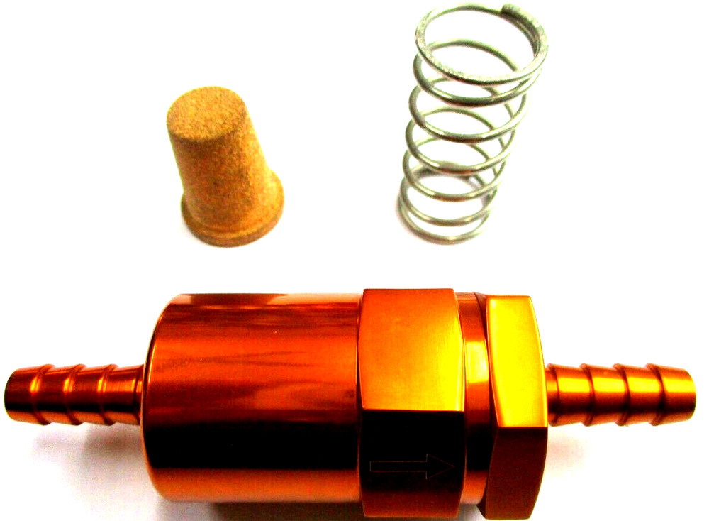 Fuel Filter, Billet inline cleanable element  3/8" Barbed Polish Gold Alum