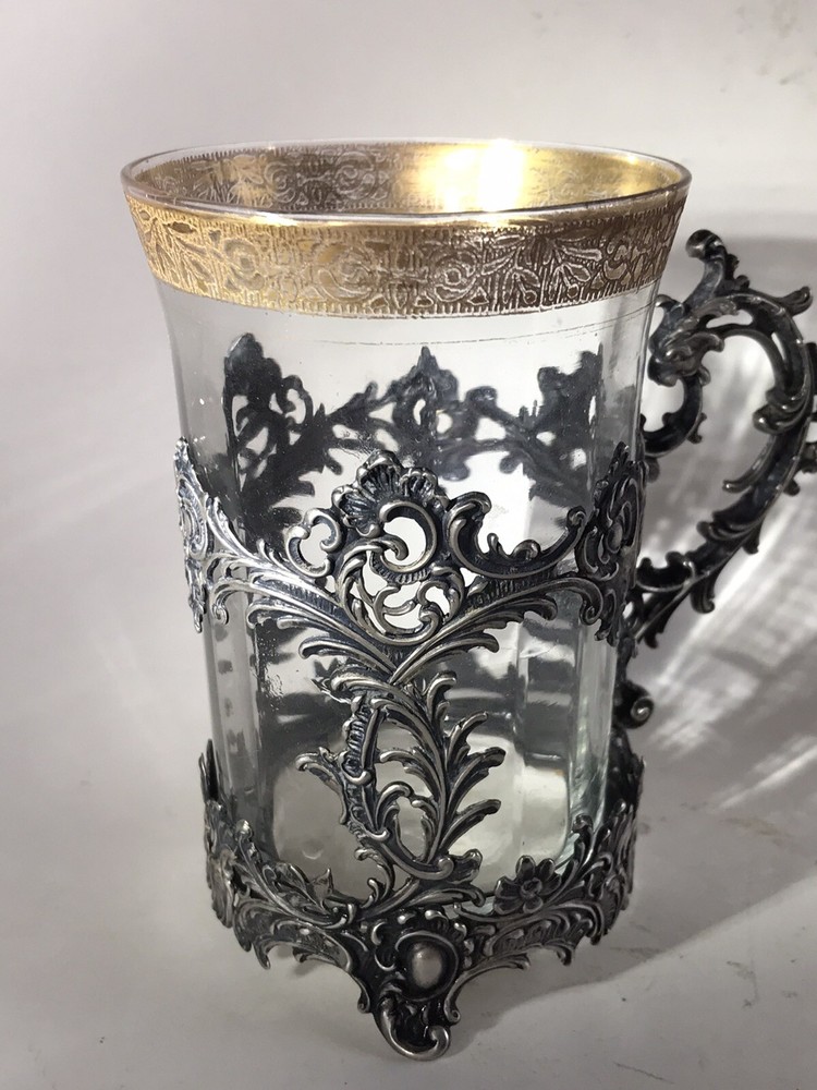 Antique Solid Silver 800 Tea Glass Holder With Glass