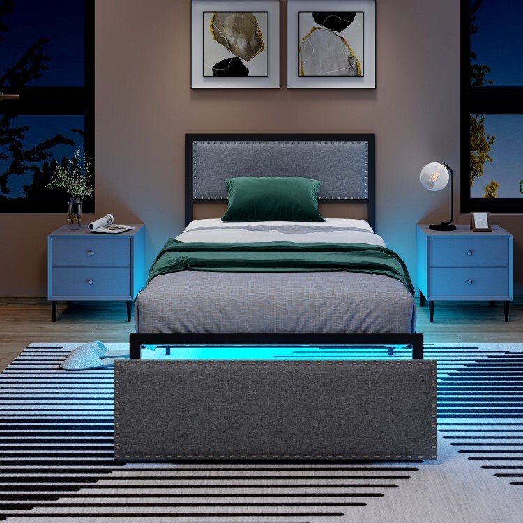 Twin Size Upholstered Bed Frame w/ LED Light Rolling Storage Drawer & Metal Slat