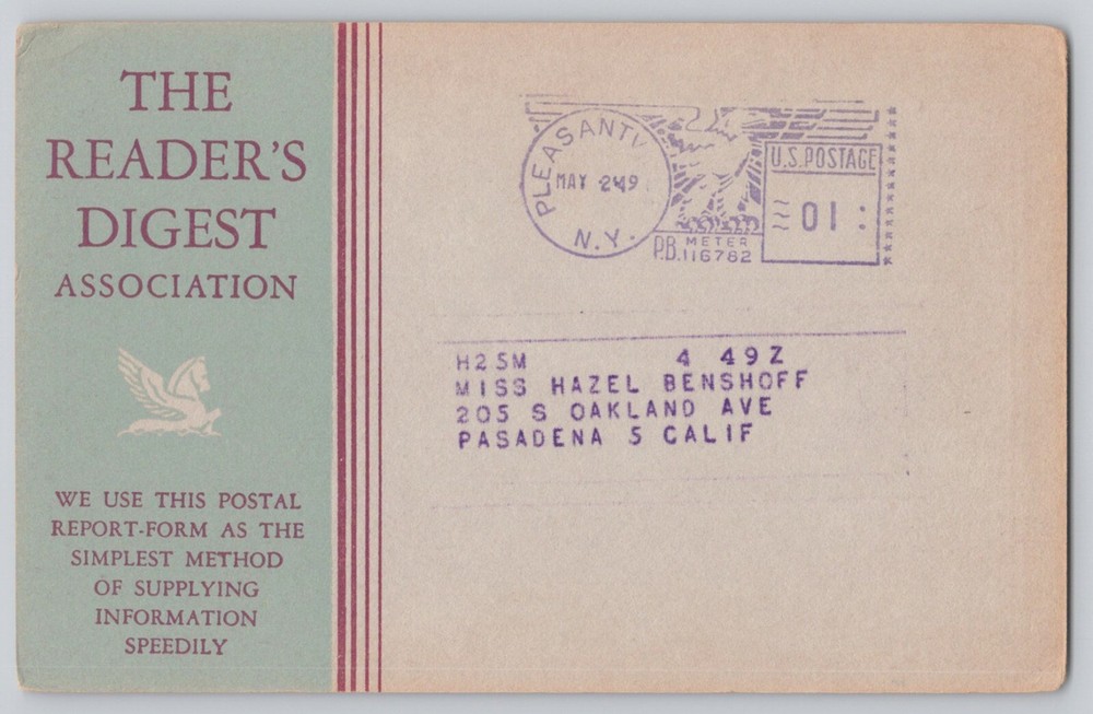 1949 Reader Digest Subscription Renewal Postal Report Postcard Metered Postage