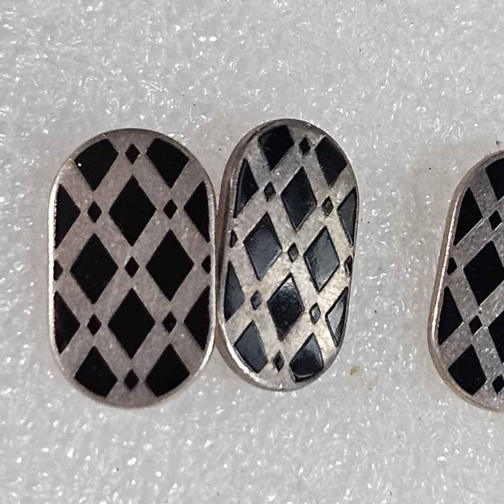 Art Deco Sterling Silver CUFFLINKS - Enameled Black Diamond Pattern - Vintage