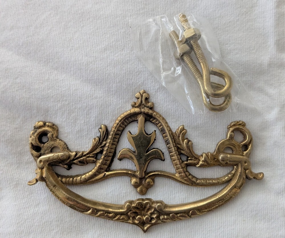 Drop Bail Drawer Pull Solid Brass w/hardware Ornate NOS 3" center 4.5"wide 1.75T