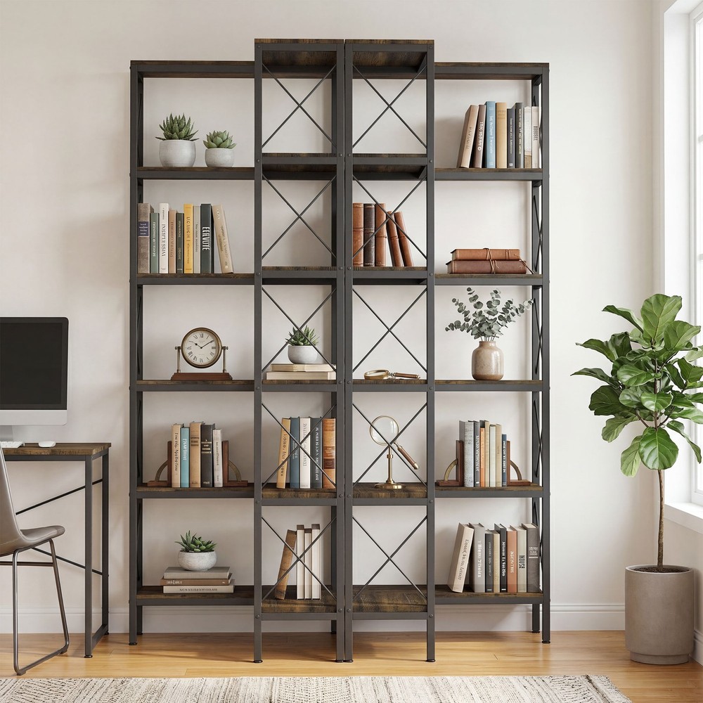 L-Shaped Bookshelf, 5-Tier Corner Bookcase, Rustic Brown