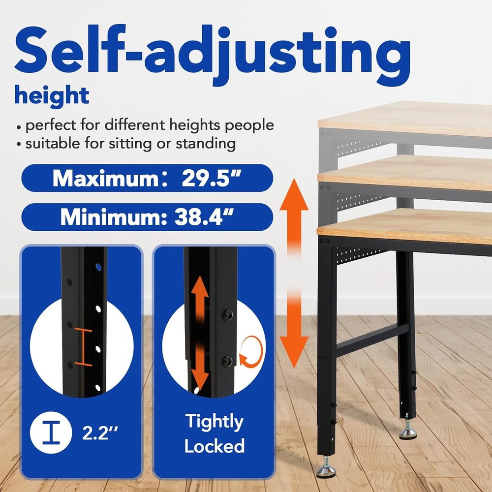 2000 lbs Capacity Adjustable Workbench 60"x20" for Home Office Workshop