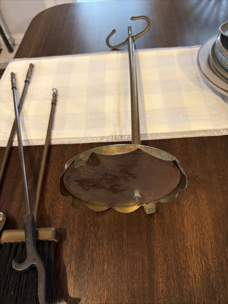 Vintage Solid Brass 4 Piece Fireplace Tool Set Stand, Sweeper, Poker & Shovel