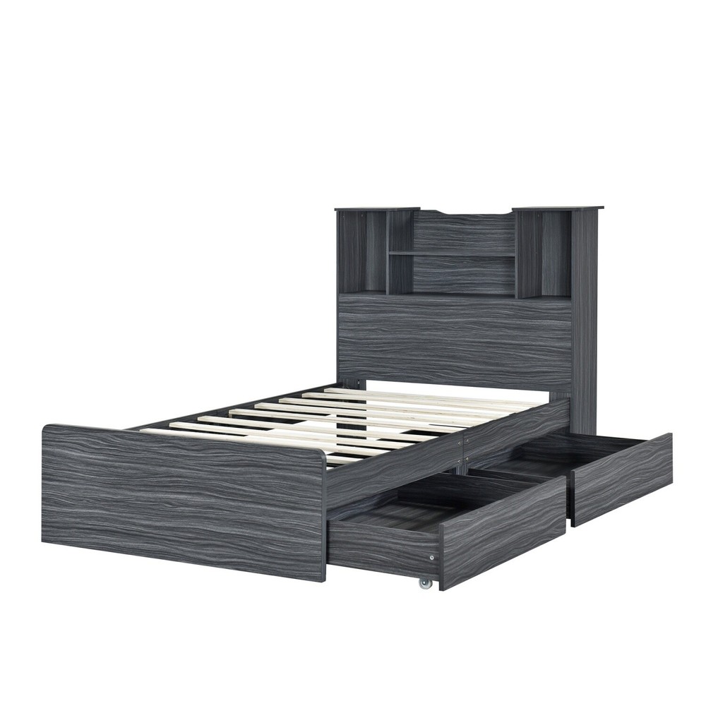 Twin Size Bed Frame Wood Platform Bed with Storage Shelf & Drawer & LED Light US