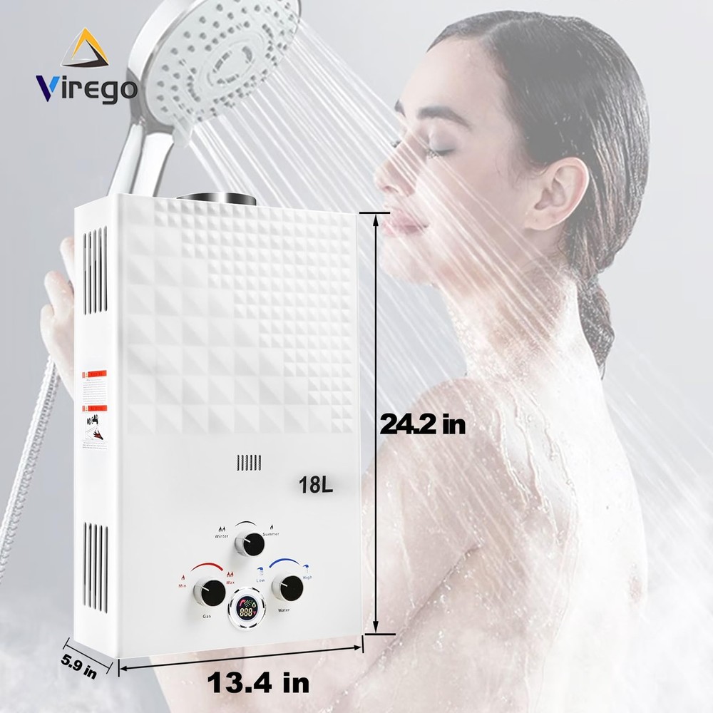 Calentador de Agua Gas Propano 18L Portátil 4,74 GPM Instantáneo Casa Camping