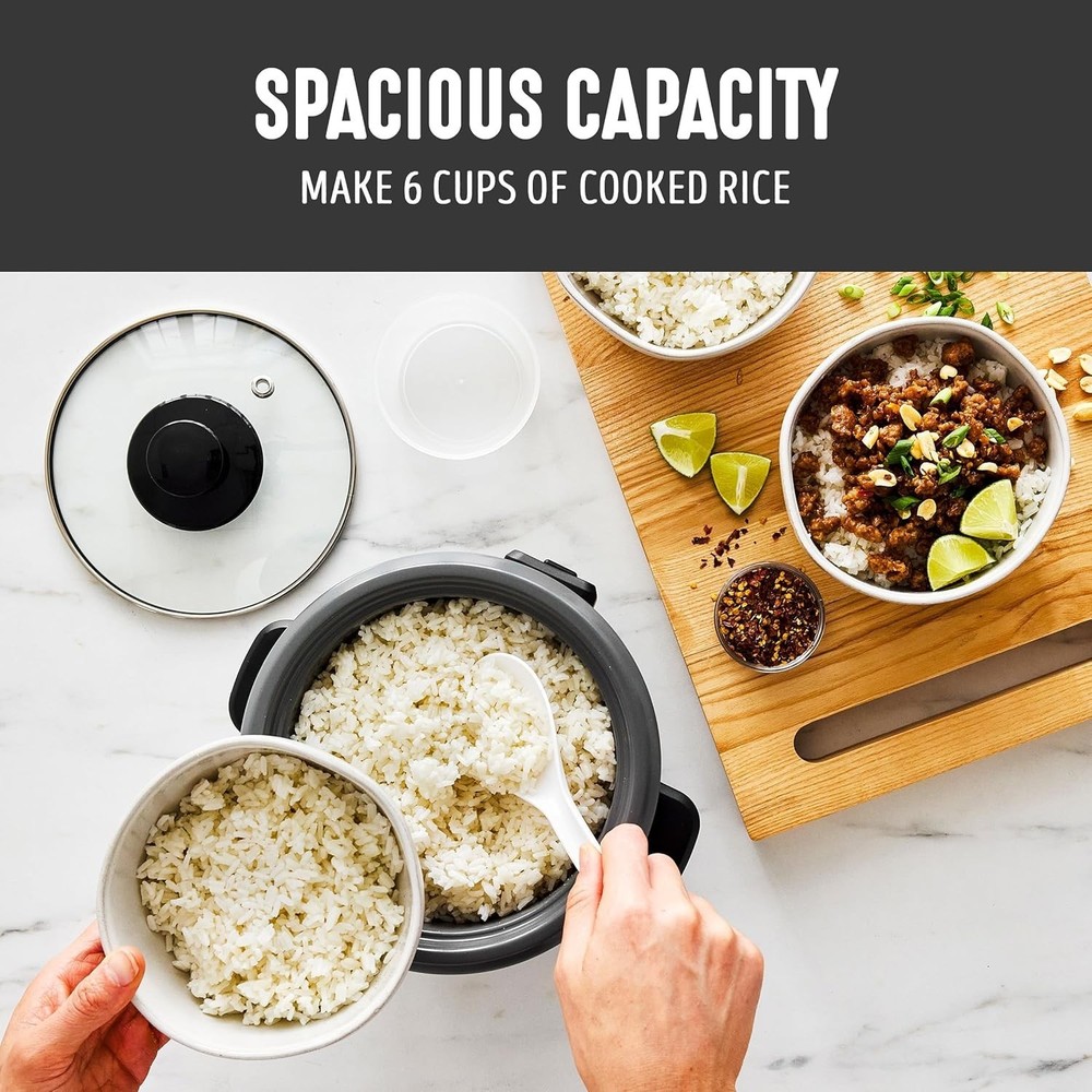 6-Cup Space-Saving Rice Cooker with Removable Ceramic Pot & Easy Clean Design