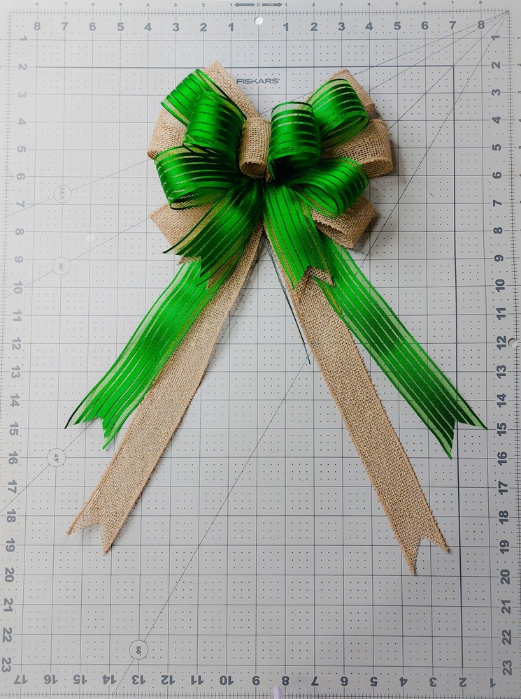 St Patrick's Day Bow, Green Satin Stripe, Burlap