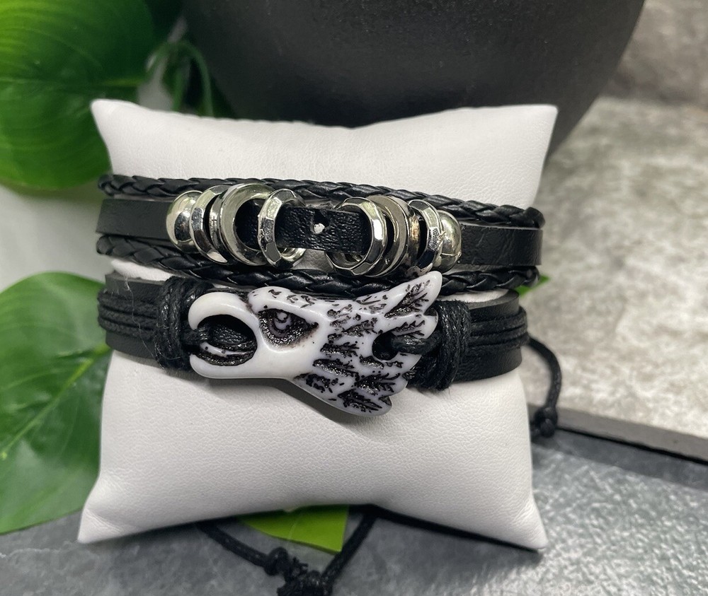 2 PC PU Leather Bracelet  Stackable Adjustable Tie Free Ship  B3298
