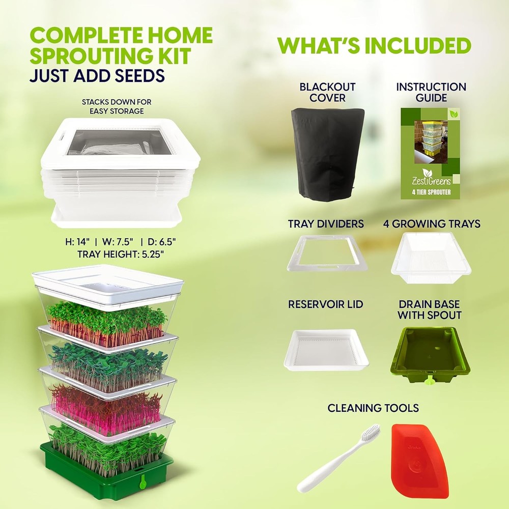 4-Tier Sprouting Kit Stackable Seed Sprouter Trays W/ Drain Spout Grow Fresh