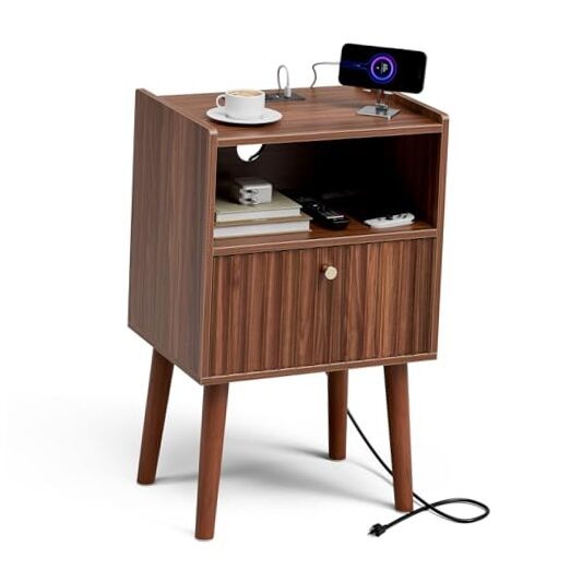Side Table with Charging Station, Modern End Table with Fluted Drawer, Brown