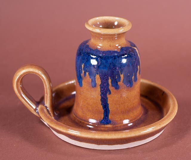 Morgan Pottery Studio Blue Drip Glaze Candlestick Holder Loop Handle