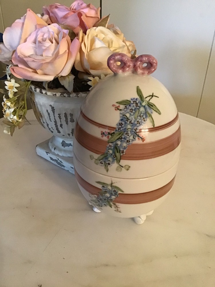 Vintage Easter Egg Trinket Box Flowers Pink Bow Porcelian